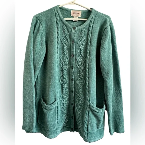 Vintage Jenny Teal Granny Core Button Pockets Beaded Knit Cardigan Size Medium - Picture 6 of 13